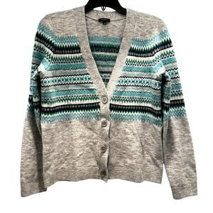 TALBOTS gray green blue FairIsle xox button c neck cardigan sweater NWOT Sz S